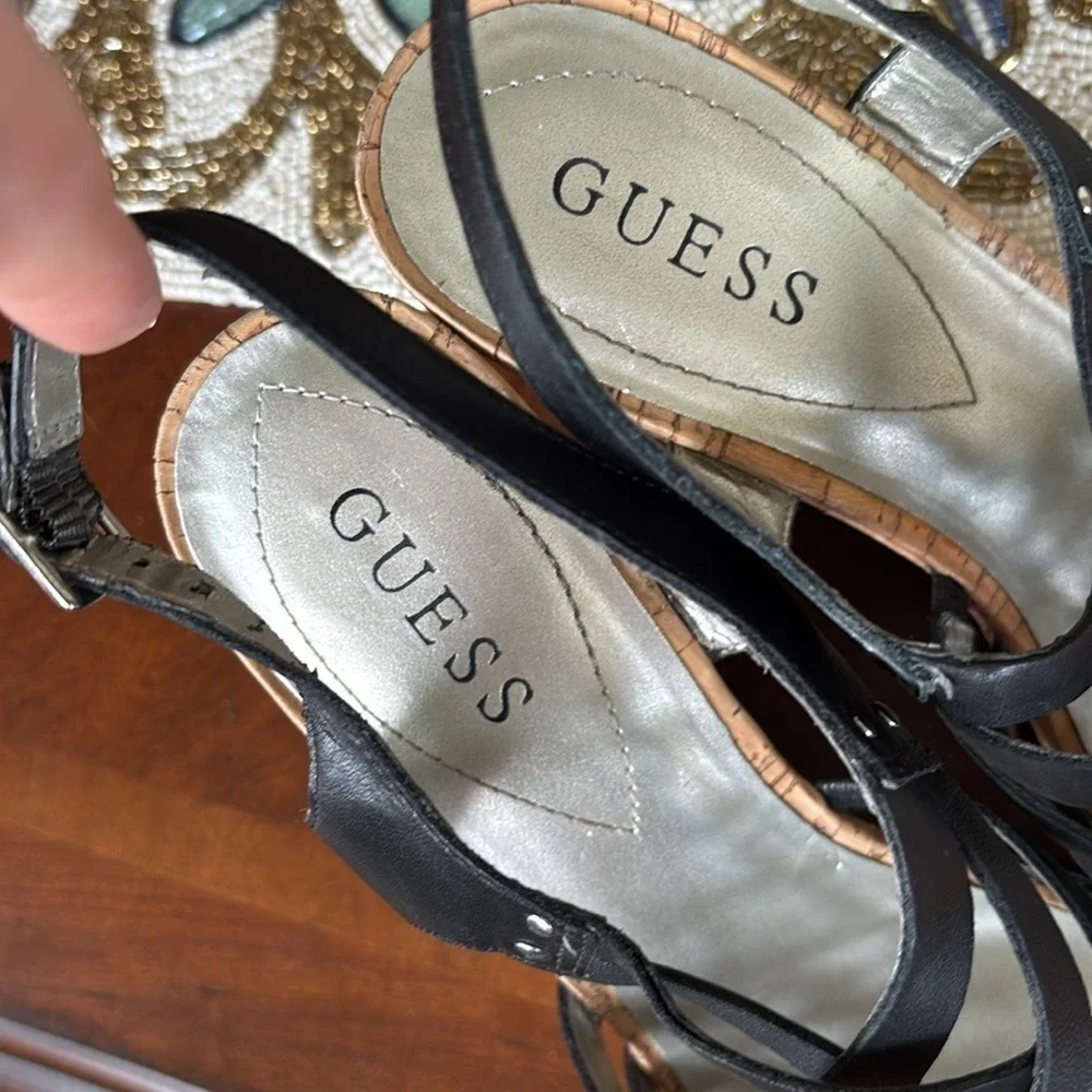 Guess Genuine Leather Black Multi-Strap Wedges Slingback Heeled Sandals Strappy